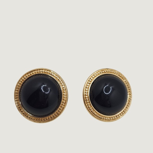 Trifari Jewelry - Vintage‎ Trifari Black Cabochon Gold Tone Beaded Border Clip On Button Earrings